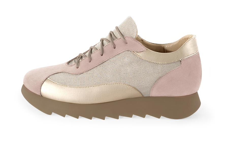 Powder pink and gold women's two-tone elegant sneakers. Round toe. Low rubber soles. Profile view - Florence KOOIJMAN